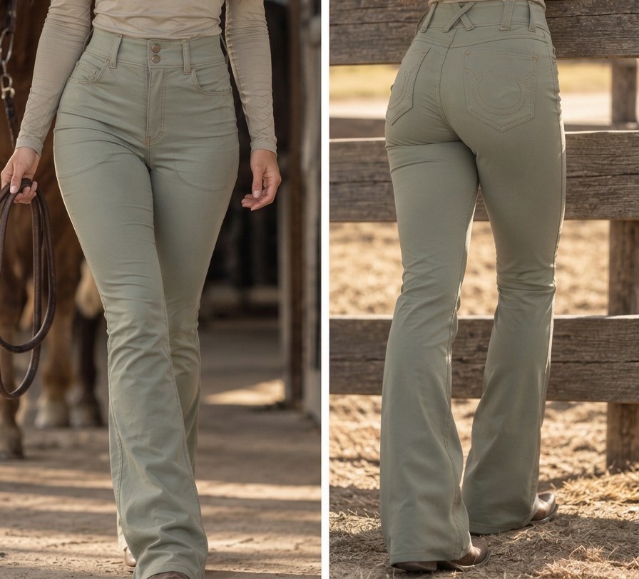 Chevas riding pants worn in the barn — front and back views